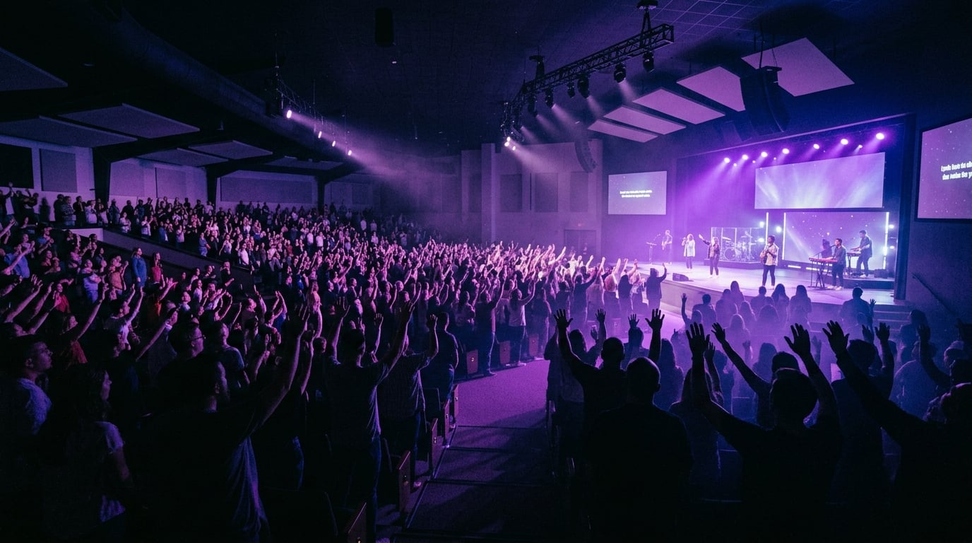 Congregation in worship with purple lighting